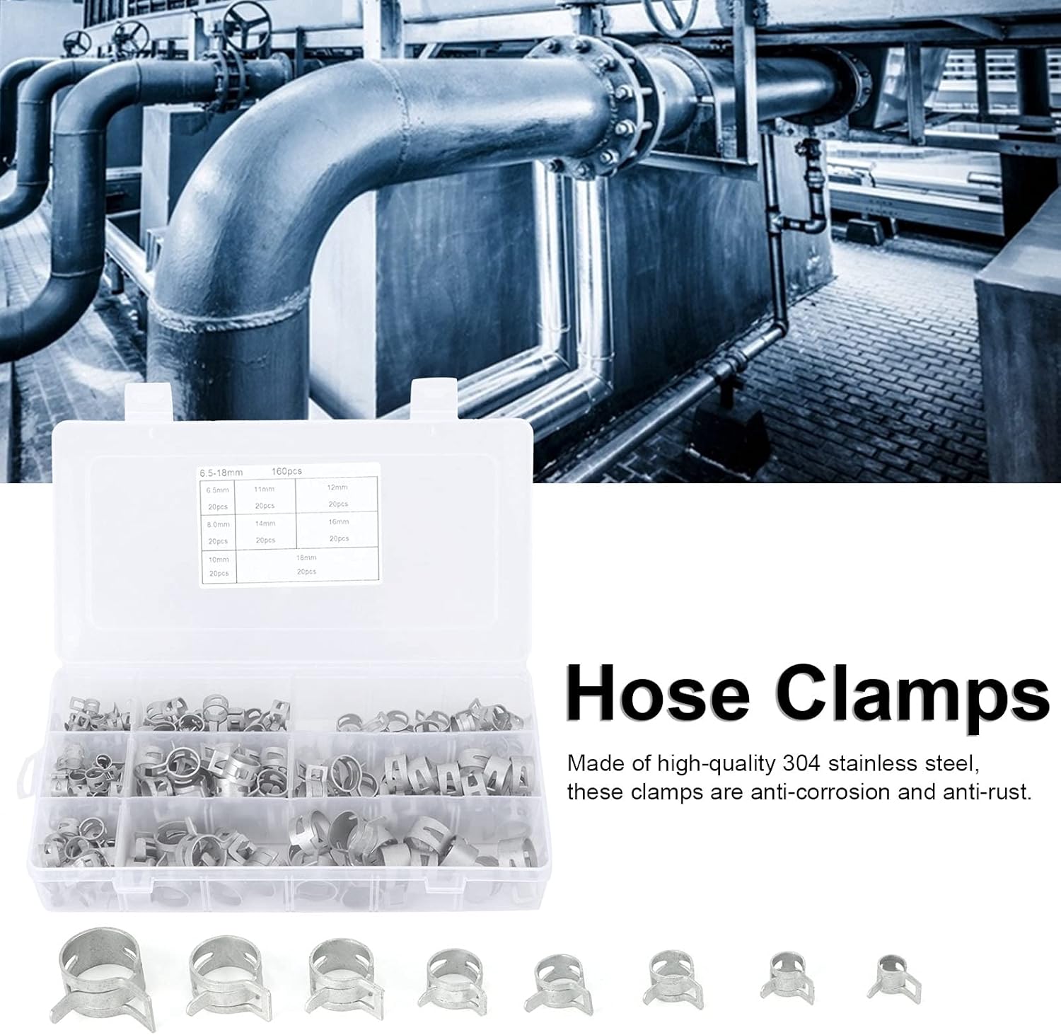 160PCS Professional Hose Clamp Kit,Stainless Steel Small Spring Hose Clamps Assortment,Fuel Line Hose Clips for Garden and Water Pipe, Automotive,Radiator Plumbing