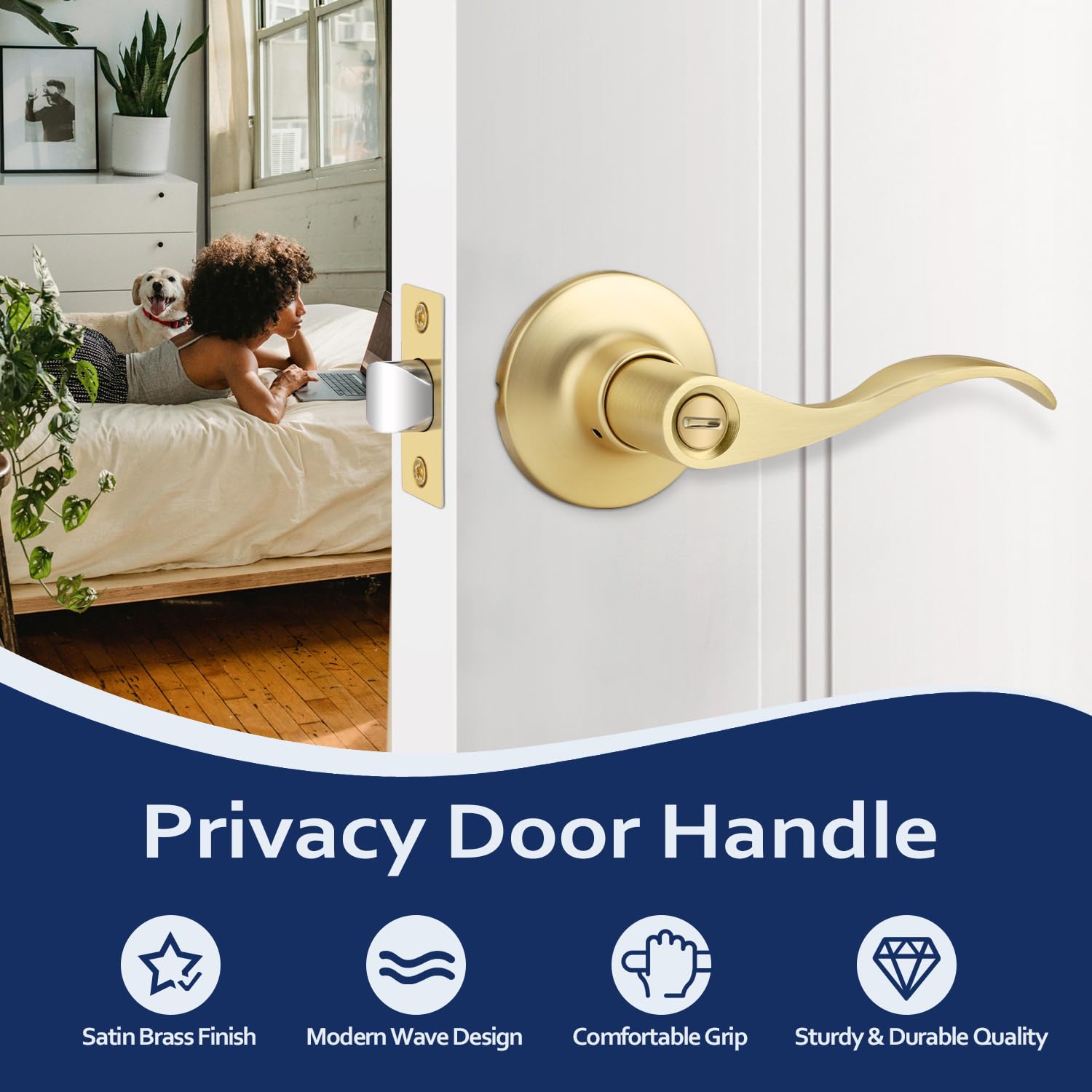 1 paquete de manijas de puerta doradas, palanca de puerta de privacidad | Uso para dormitorio, baño, palanca de puerta interior sin llave con acabado de latón satinado, para diestros