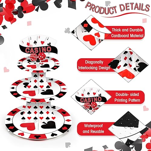 Miniatura 3 de Tanlade Soporte de 3 niveles para cupcakes de casino de Las Vegas, soporte para cupcakes nocturnos, dados de póquer, torre de postre para 24 mini