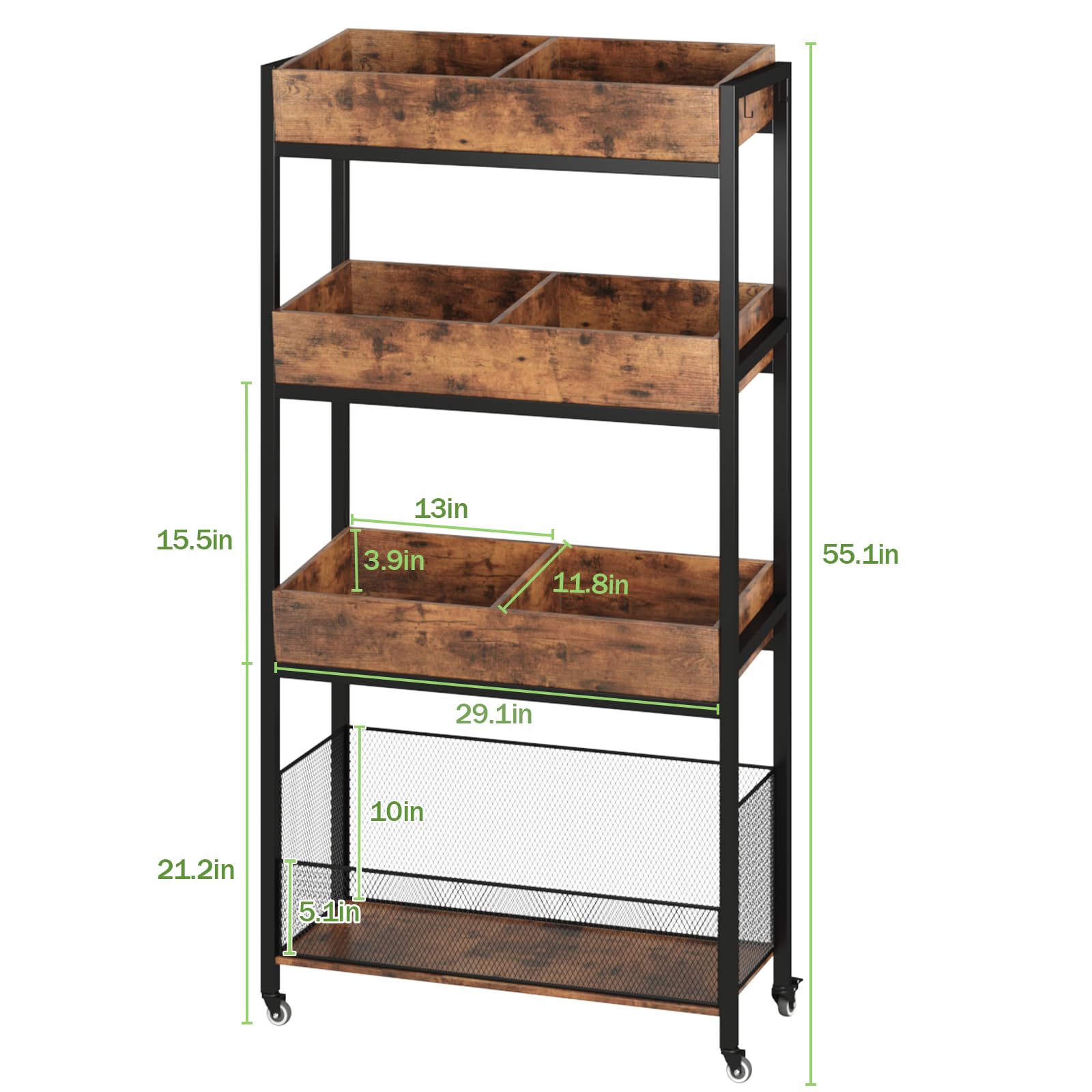 GOFEI 4-Tier Wooden Fruit and Vegetable Basket Stand Rack with Adjustable Feet and Wheels – Multi-Purpose Food Organizer for Kitchen, Office, Shop, and Supermarket