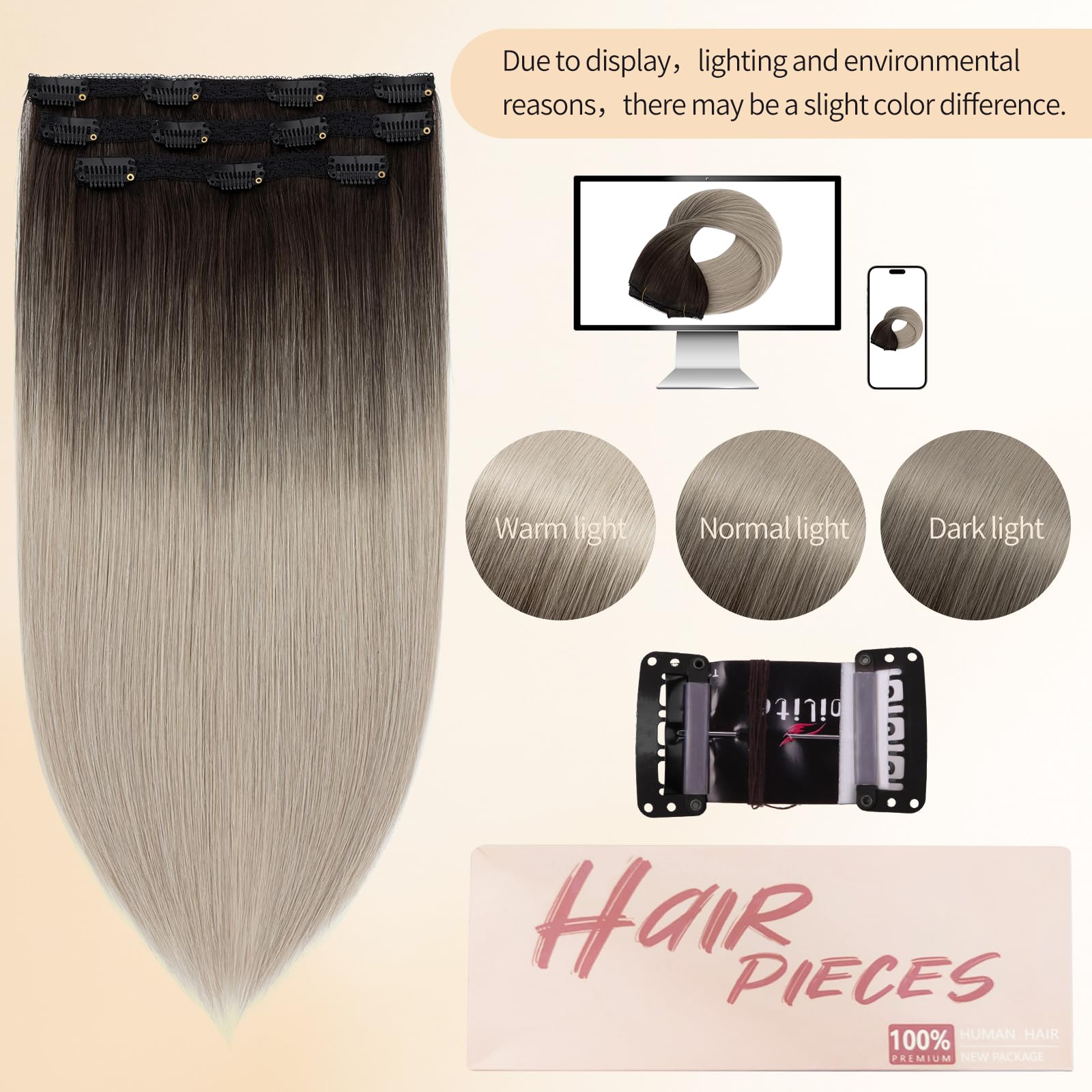 S-noilite Clip in Extensions Echthaar Natürliches Schwarz Highlight Grau Haarverlängerung Echthaar Clip in 86g Extensions Remy Menschliches Haar Glattes 3 Stücke 55cm