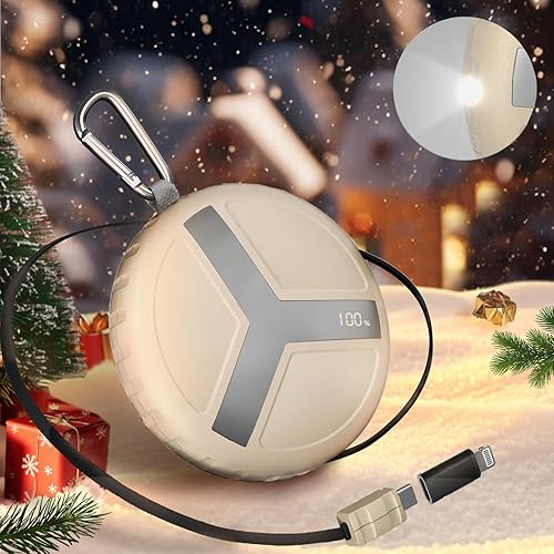 Vivilumens Cargador retráctil de 10,000 mAh, cable incorporado portátil de 22,5 W, batería de carga rápida con USB-C compatible para teléfonos,