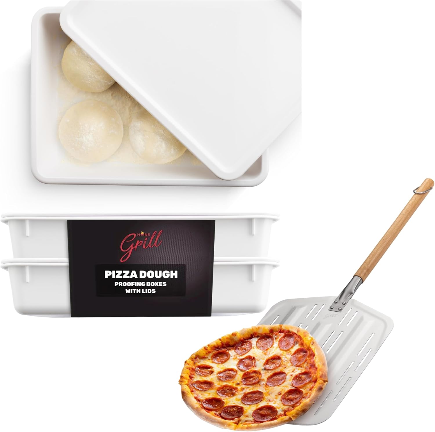 Hans Grill Pizza Dough Proofing Box - Pack of 2 Stackable BPA-Free Trays with Covers Pizza Peel PRO