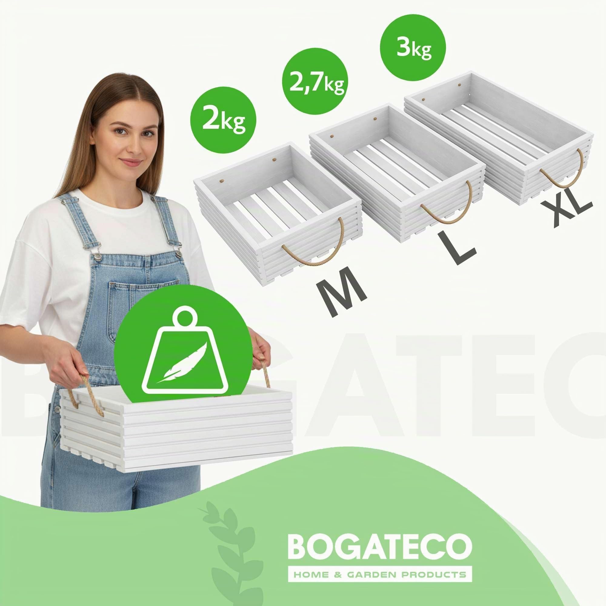 BOGATECO Caja de madera natural | 60 cm x 35 cm x 14,5 cm | Clásico-Natural | Caja de almacenamiento | Blanco