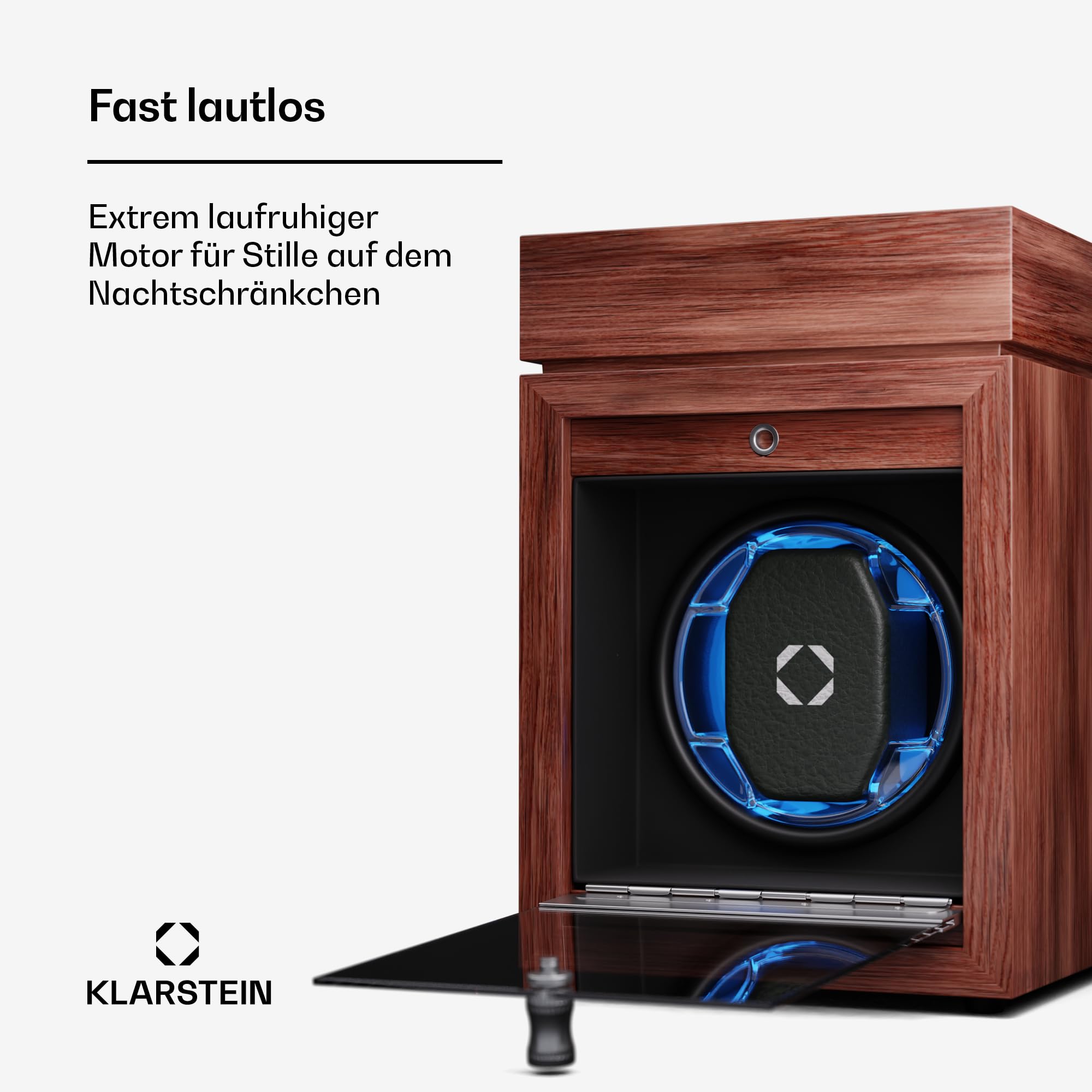 Klarstein Uhrenbeweger für Automatikuhren, Automatik-Uhrenbeweger für 1 Uhr mit Acryl-Tür, Automatischer Blaue LEDs, Watch Winder mit 4 TPD Einstellungen