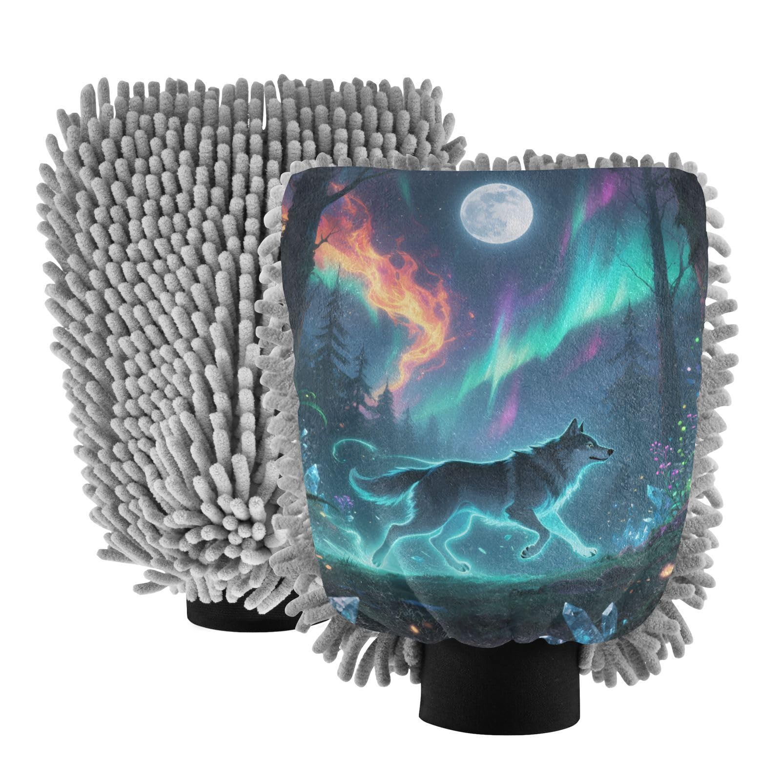 ALAZA Aurora Polar Lights Wolf Car Wash Mitt Scratch Free, 2 Pack Absorbent Microfiber/Chenille Washing & Drying Mitts, L