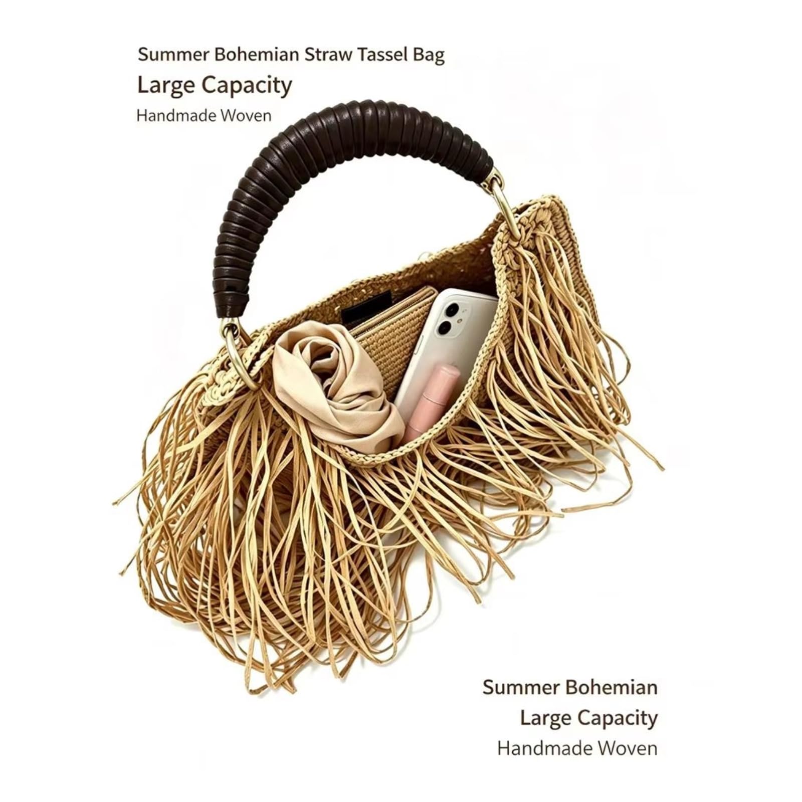 Borsa Spalla Paglia A Mano Tessuta Raffia Bohemian Grande Estate Carryall Vacanze sul Mare-Brown