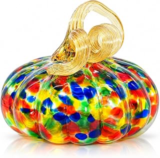 5.1" Hand Blown Glass Pumpkins Figurines for Halloween Thanksgiving Fall Harvest Decoration, Large Crystal Glass Pumpkin Gifts (Colorful Cool Tones)