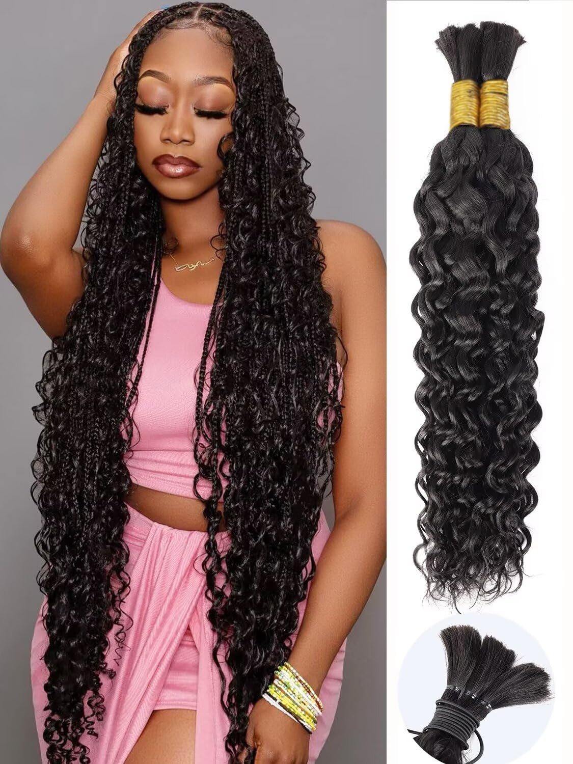 Water Wave Braiding Hair 100g 20 Inch Natural Black Deep Wave Bulk Human Hair for Braiding No Weft Bundle Brazilian Virgin Curly Human Hair Extensions for Boho Braids Wet and Wavy Human Braiding Hair