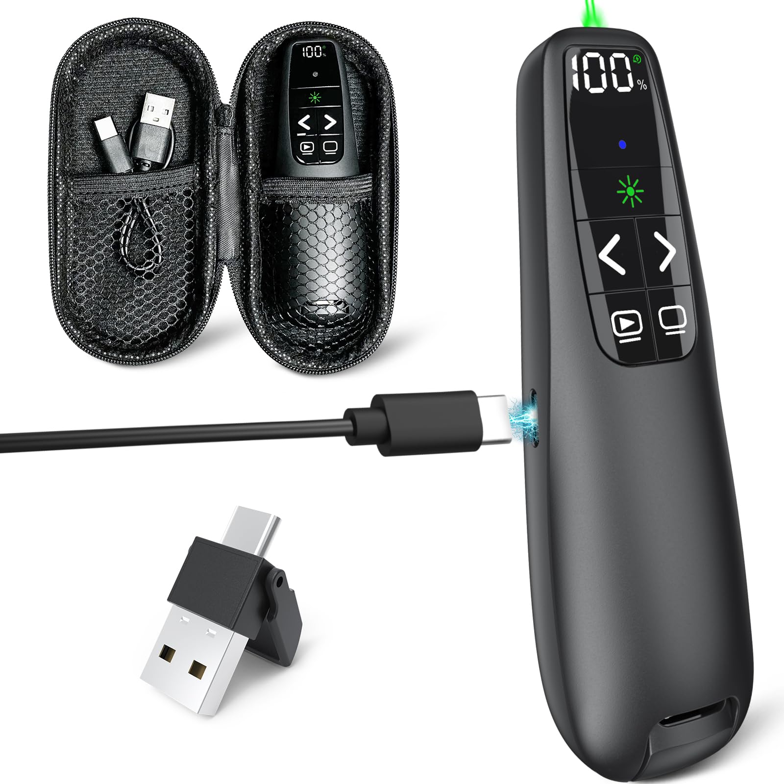 Drahtloser Präsentationsklicker mit grünem Zeiger, Power-Smart-Digitalanzeige, PowerPoint-Präsentations-Fernbedienung, wiederaufladbar, USB C, A, Google Slide Advancer für Mac, Laptop, PC, Computer