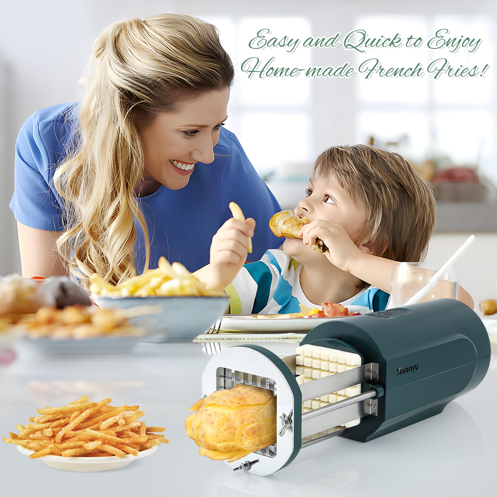 Huanyu Cortador eléctrico de patatas fritas con cuchillas de 2 tamaños, cortador de verduras multifuncional para patatas, zanahorias y pepinos (verde)