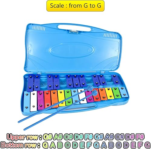 Miniatura 4 de ENNBOM 25 Notas Vibráfono Xilófono Glockenspiel Instrumento de percusión azul negro con estuche (caja azul, azul)