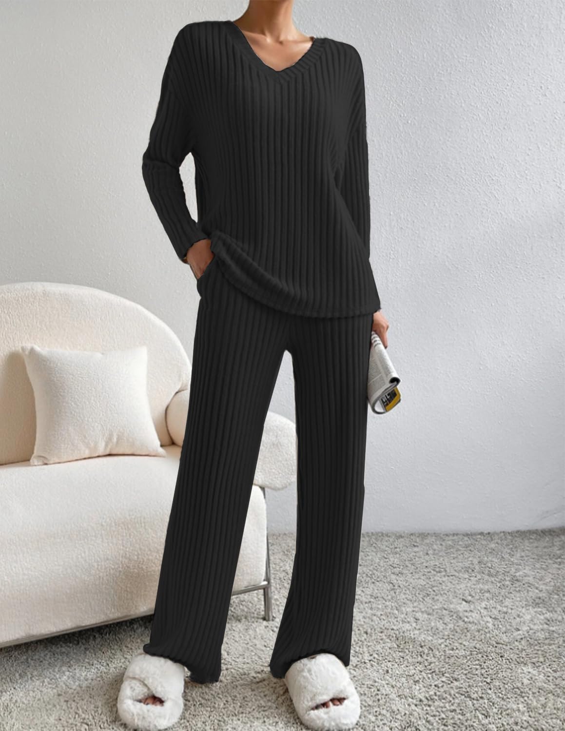Femme Ensemble de Costume 2 Pièces Manches Longue Tricot Côtelé Pantalon Droit Survêtement Col en V Automne Hiver