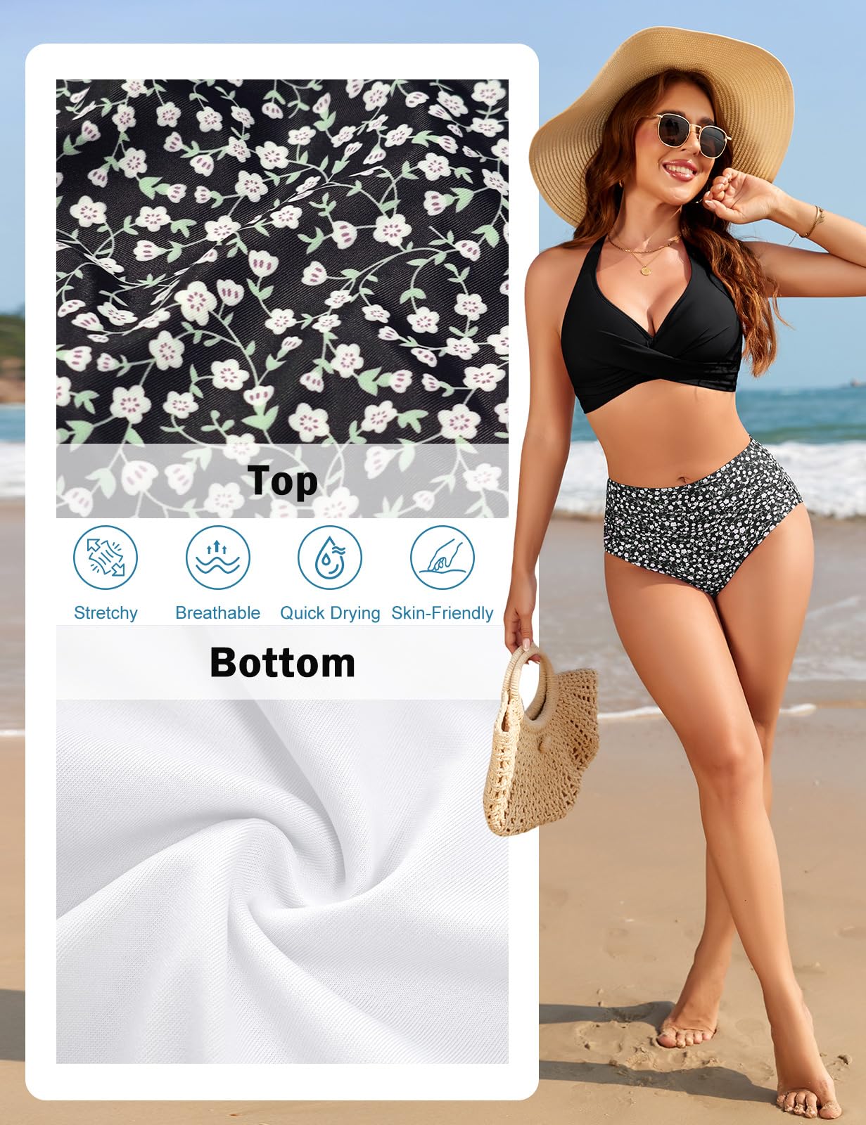 UMIPUBO Costume Donna Due Pezzi Bikini Vita Alta Pancia Pieghe Collo A V Collo Halter Sexy Schiena Nuda Contenitivo Curvy Modellante Push Up Con Coppe Stampa Minifloreale Mare Costume Da Bagno