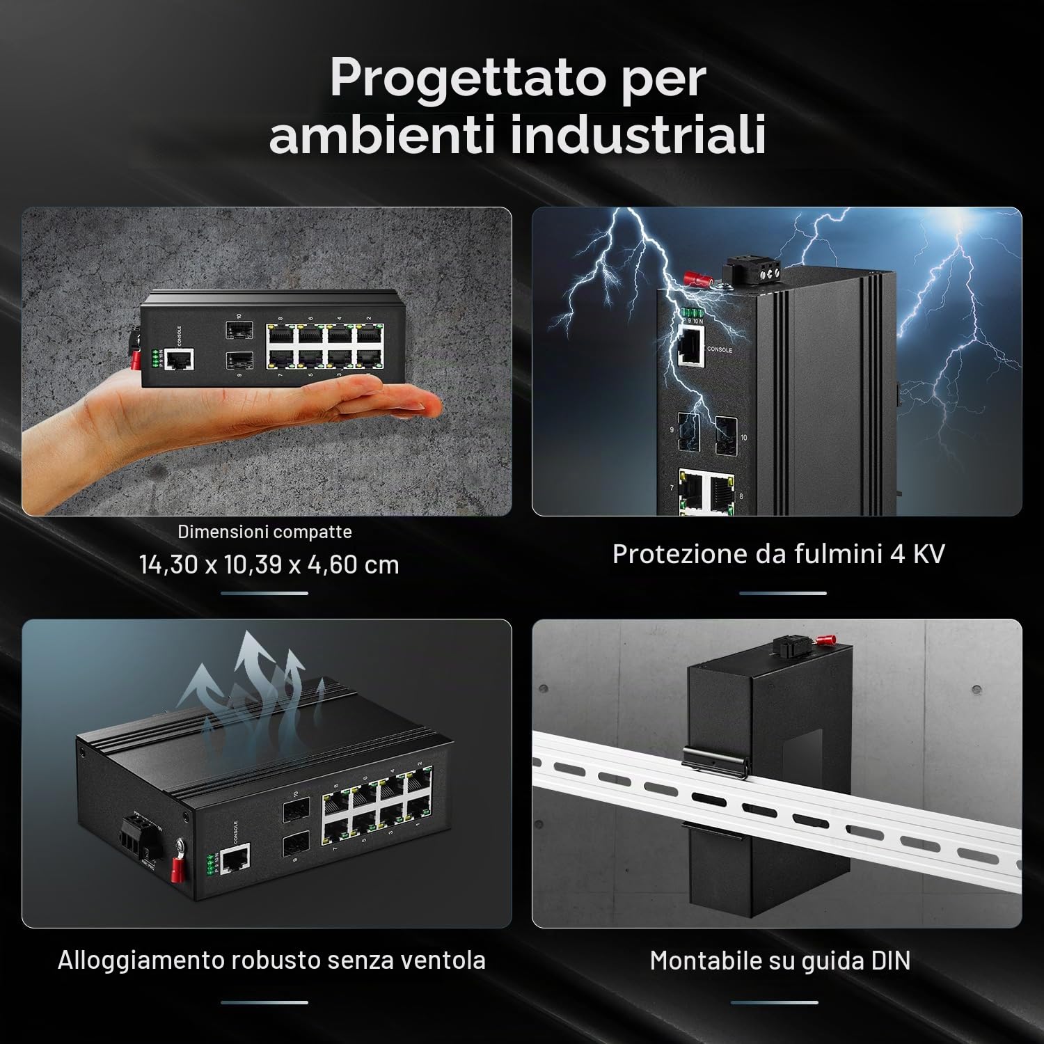 Binardat Switch a 10 porte Gigabit L2+ gestito PoE Industrial DIN-Rail Switch, 8 porte Gigabit PoE, 2 Gigabit SFP, IEEE802.3AF/at, Vlan|Route|Ring|ACL|Qos Web/Console gestito