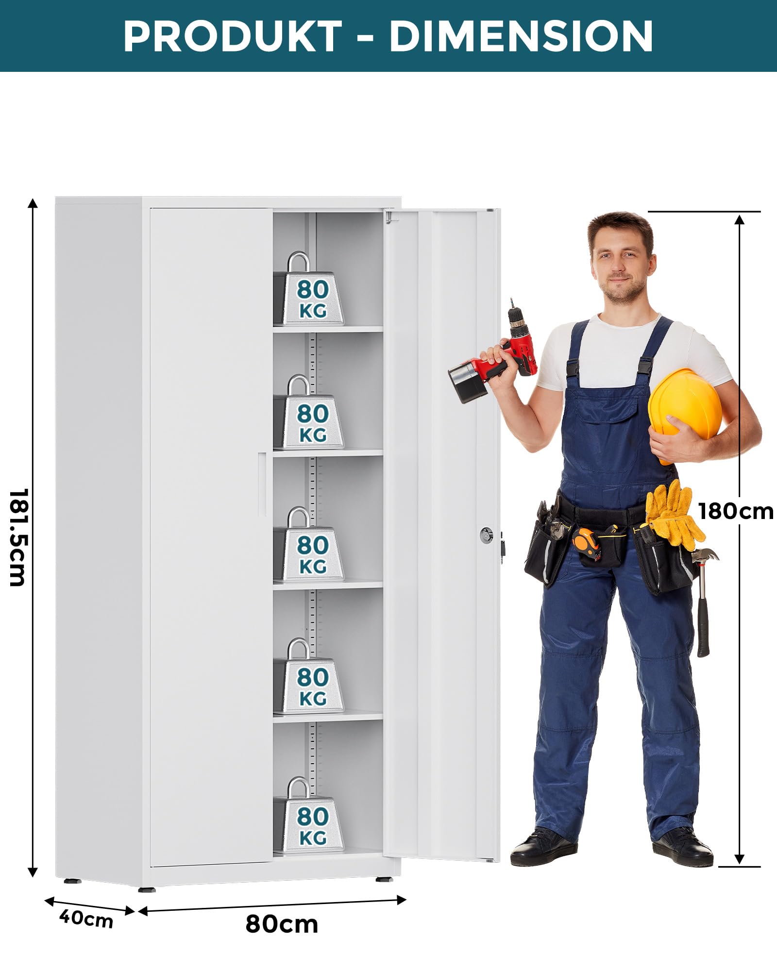 Aktenschrank, abschließbarer Mehrzweckschrank mit 4 höhenverstellbaren Einlegeböden, Stahl-Büroschrank mit 2 Türen, Weiß, 181.5×80×40 cm