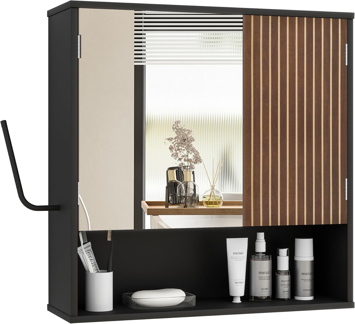 Bathroom Wall Cabinet With Mirror,wall mounted bathroom cabinet,Medicine Cabinet with 2 Door ,Side Hook,Light and Adjustable Shelves,Black Cabinet with Wood Grain,Over The Toilet Space Saver Cabinet.