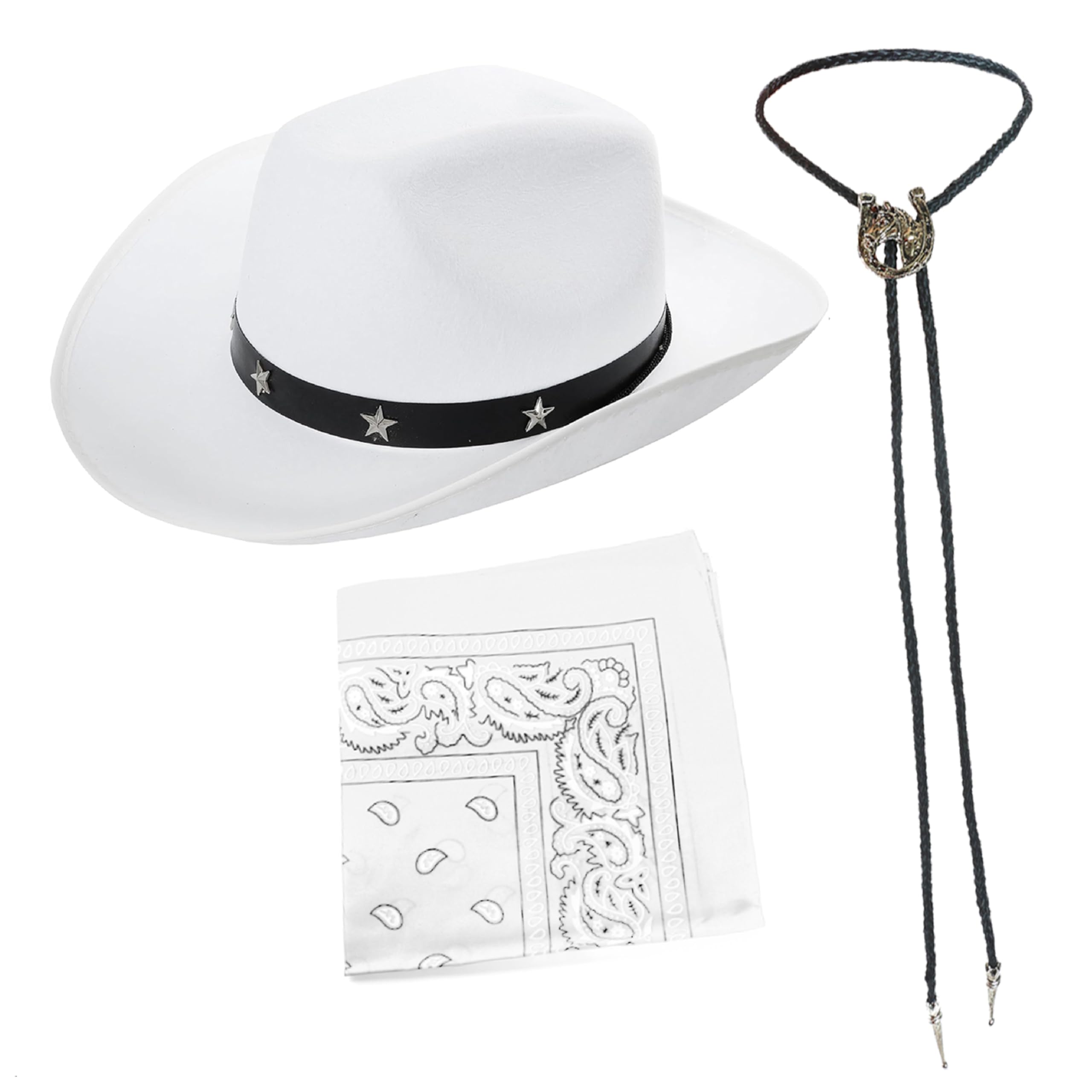 White Cowboy Hat With Bandana & Tie - White Star-Studded Cowboy Hat, Matching Bandana and Black Bootlace Tie With Horse Medallion - Perfect for Any Fancy Dress Party