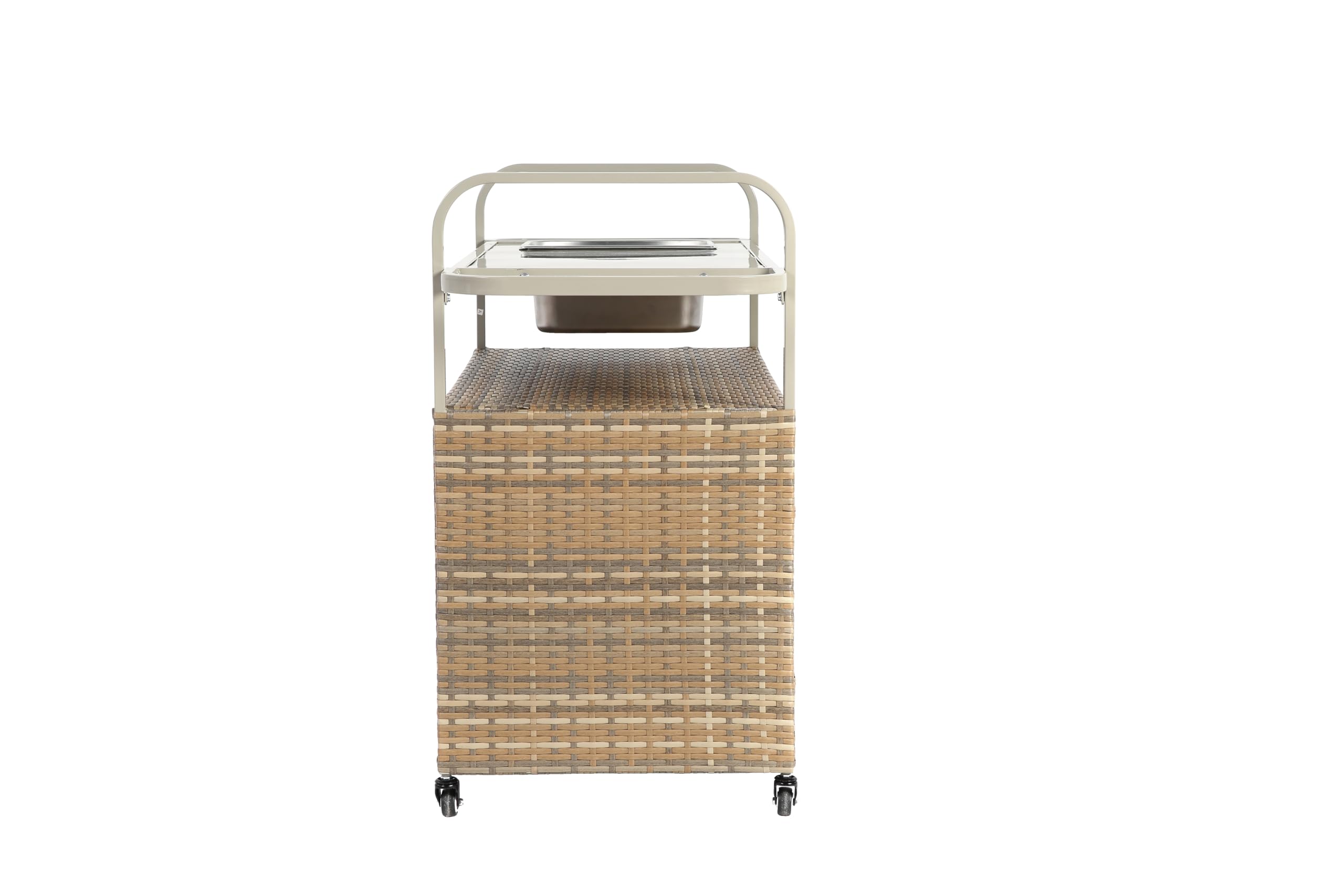 Mesa de bar para exteriores, carrito de mimbre con gabinete, carrito de servicio de patio con tapa de acero, con un cubo de hielo, cesta lateral para jardín, ruedas bloqueables, lado de piscina y