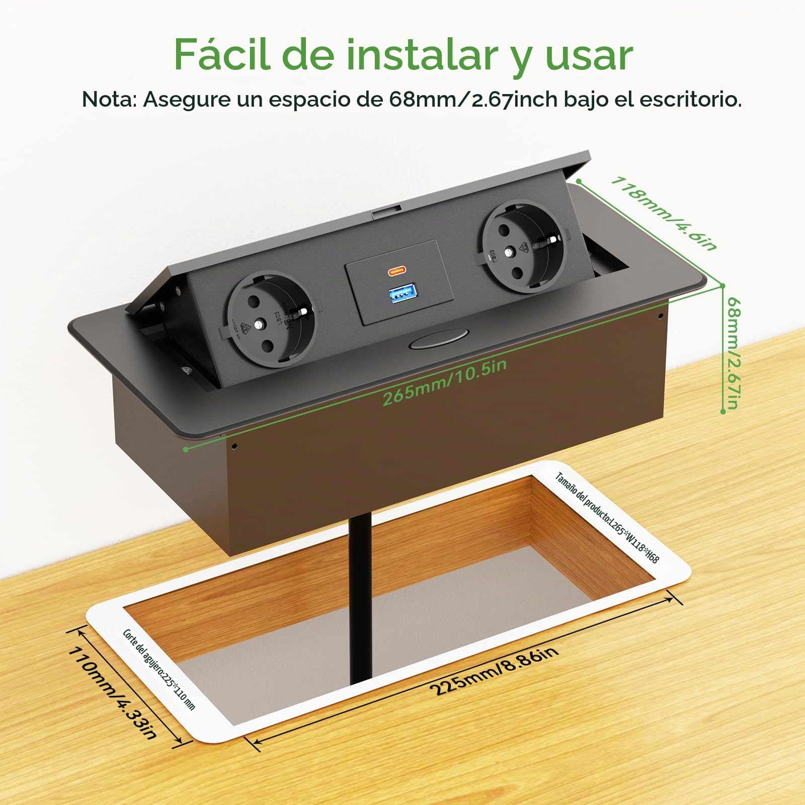 Regleta Enchufes USB C PD 20W, Enchufes Multiples Empotrada Escritorio, Regleta Enchufes Oculto con USB, Regleta Retractil para Familia, Cocina y Oficina, Regleta 1.8 Metros Cable, Negro
