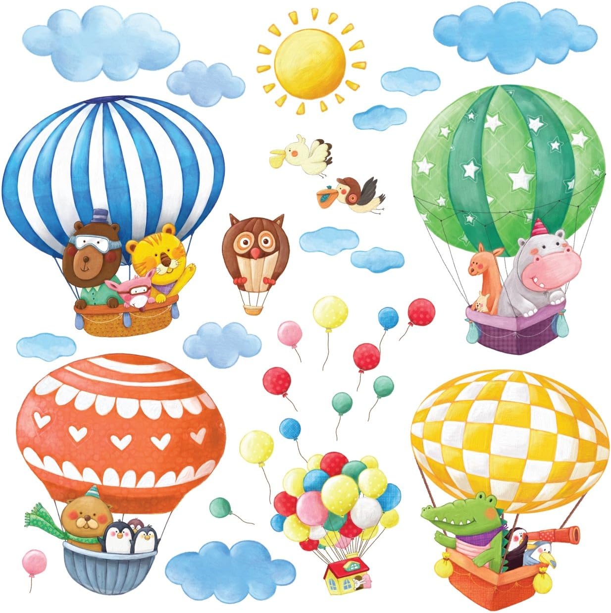 DECOWALL DL-1406BL Animal Hot Air Balloons Kids Wall Stickers Wall Decals Peel and Stick Removable Wall Stickers for Kids Nursery Bedroom Living Room (XLarge) d?cor