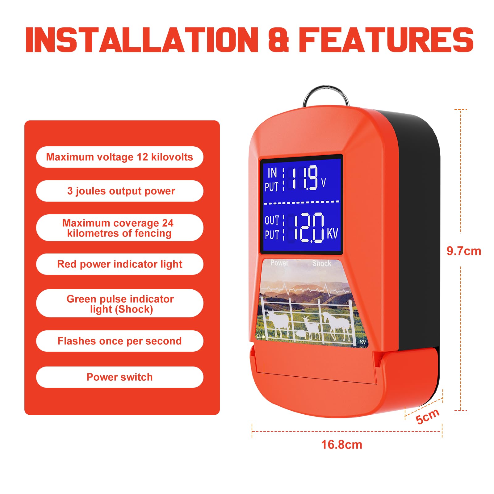 Dispositivo de valla de pasto de 230 V, pantalla LED grande, 3,0 J para 24 km | Cerca eléctrica para protección de animales de granja, mascotas, aves de corral, pastos domésticos, jardines