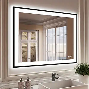 ISKM Framed LED Mirror for Bathroom 44"x32", Dimmable LED Bathroom Mirror with Lights, Anti-Fog, Front and Backlit Lighted Mirror 3-Colors, Shatterproof, Memory Function
