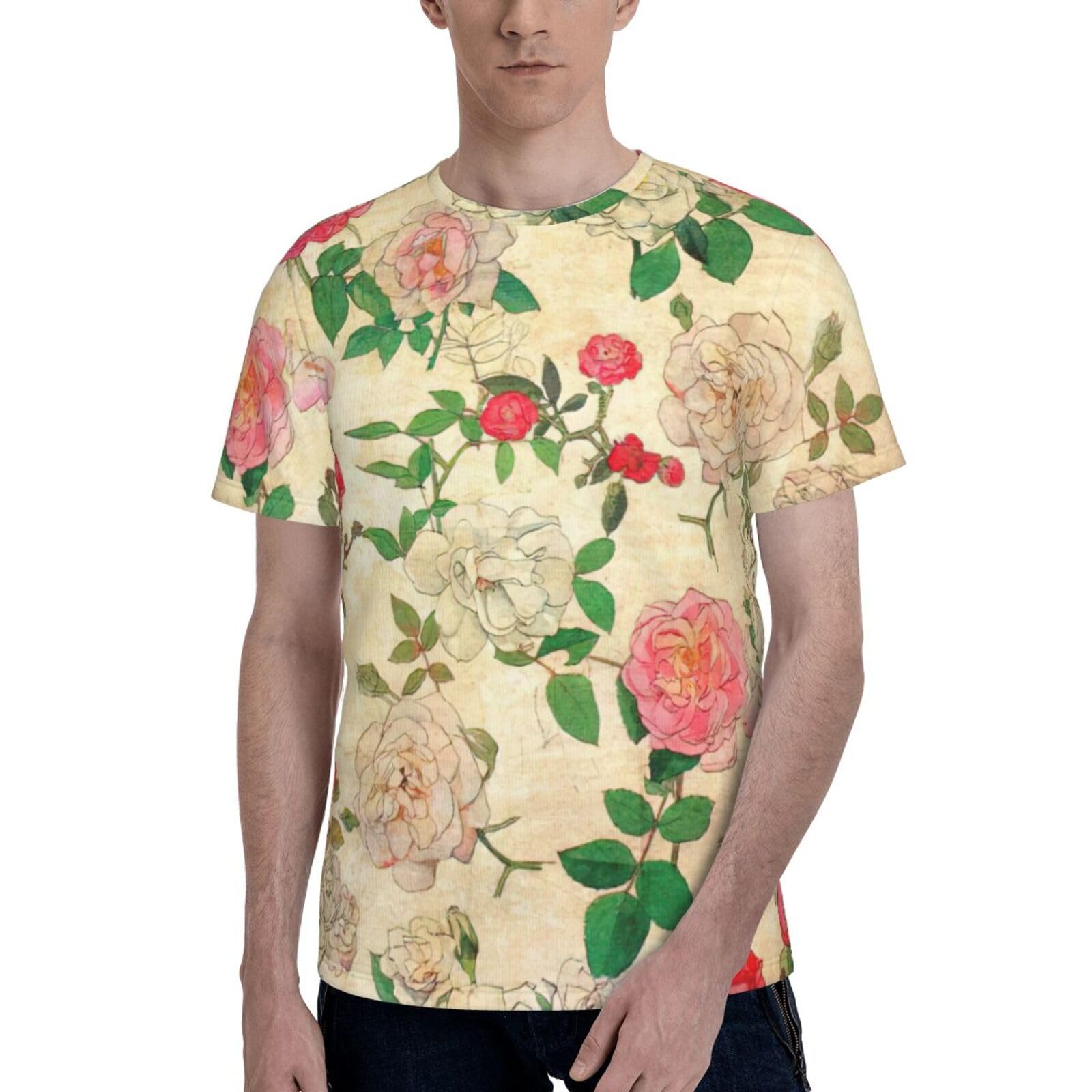 Retro Flower Men's Short Sleeve Casual Shirt with Full Print, Comfortable Round Neck Tee Soft Fabric for Men