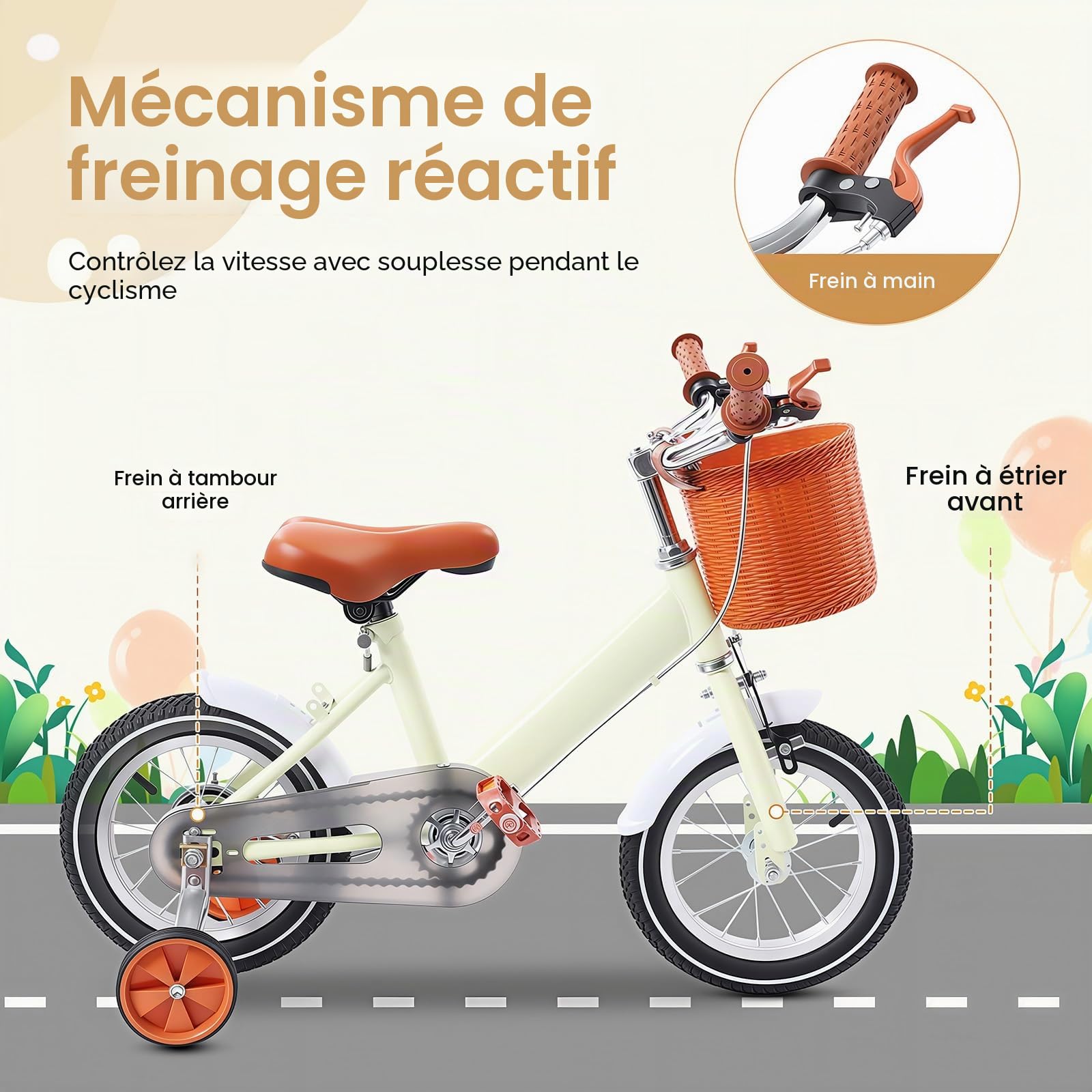 Vélo enfant 12 pouces avec panier avant roues stabilisatrices 2-4 ans hauteur réglable 60-70 cm