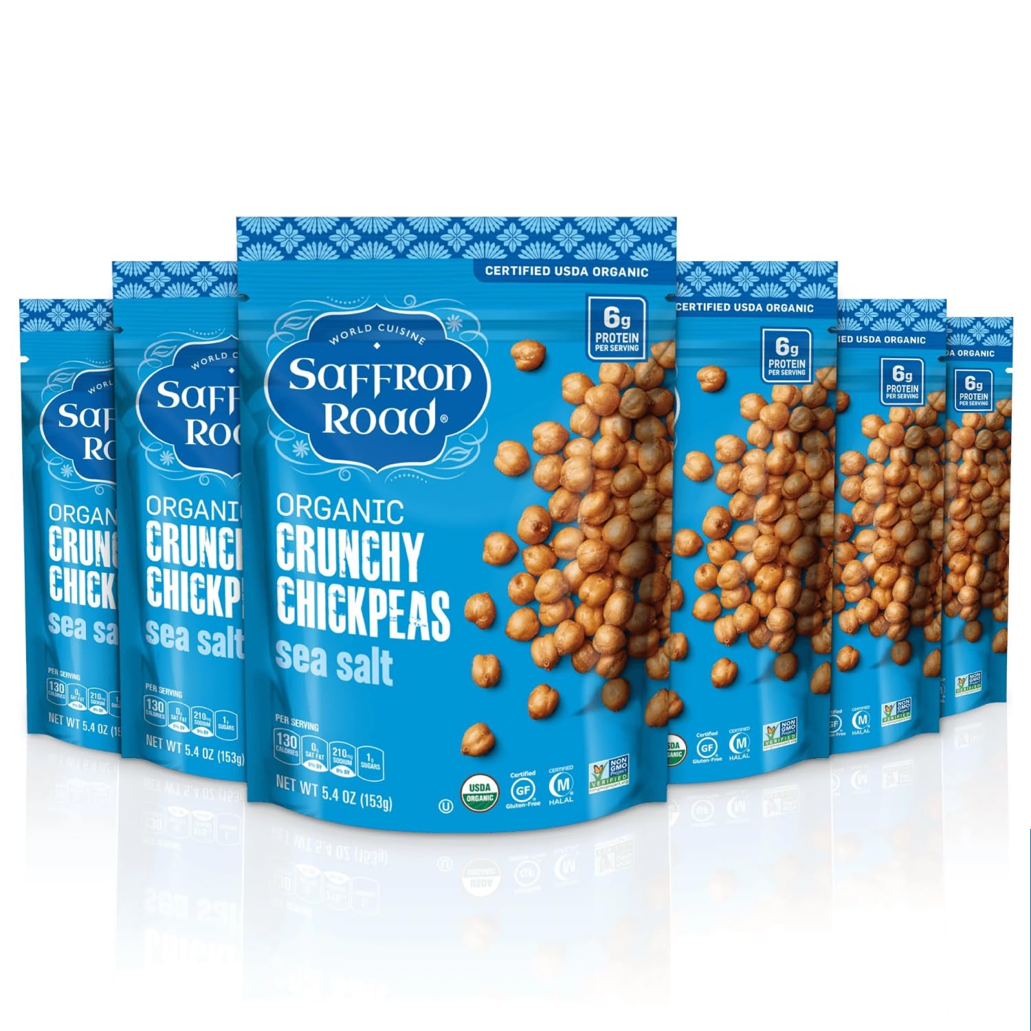 Saffron Road Organic Roasted Sea Salt Crunchy Chickpeas | High-Protein, Vegan, Gluten-Free, Non-GMO, Halal & Kosher Certified Snack | 5.4 oz Resealable Pouch | Pack of 6