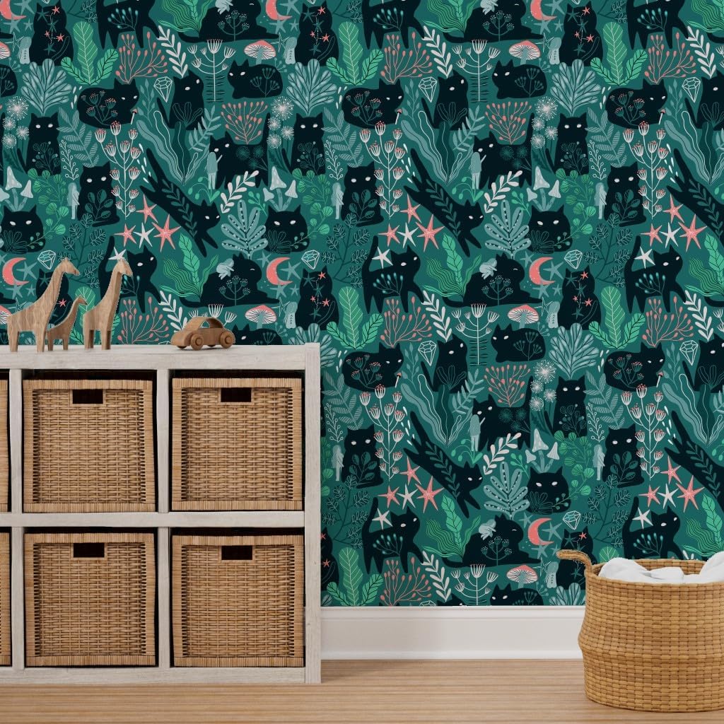 Peel & Stick Wallpaper 3ft x 2ft - Green Forest Cats Fairy Girl Elves Kitty Summer Spring Kitten Baby Kid Custom Removable Wallpaper by Spoonflower