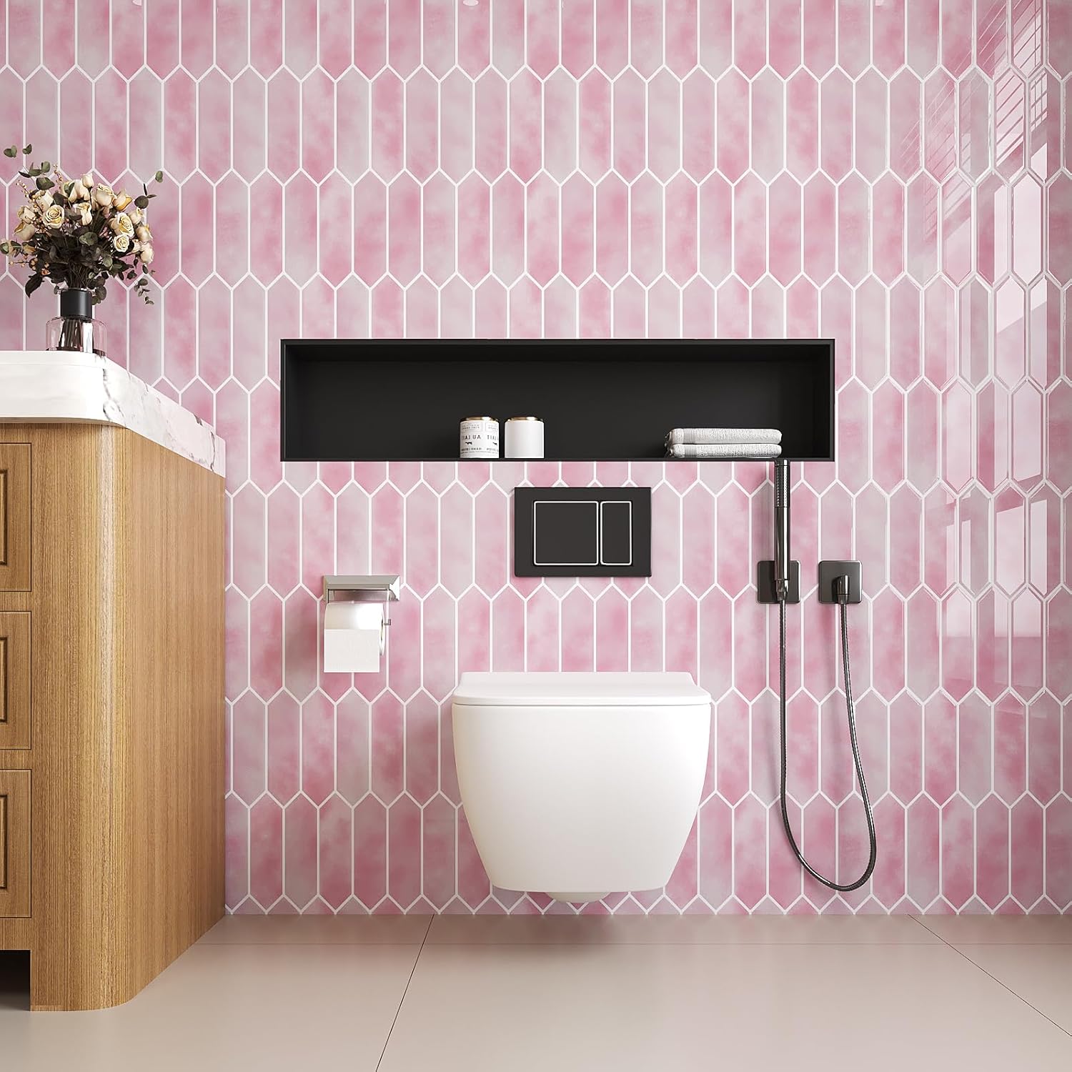 VaryStyle Long Hexagon Peel and Stick Backsplash Stick on Tiles for Kitchen Backsplash Gradient Pink Mosaic Wall Tiles Renter Friendly Removable Back Splashes for Renters Bathroom 12"x12" 6-Sheet