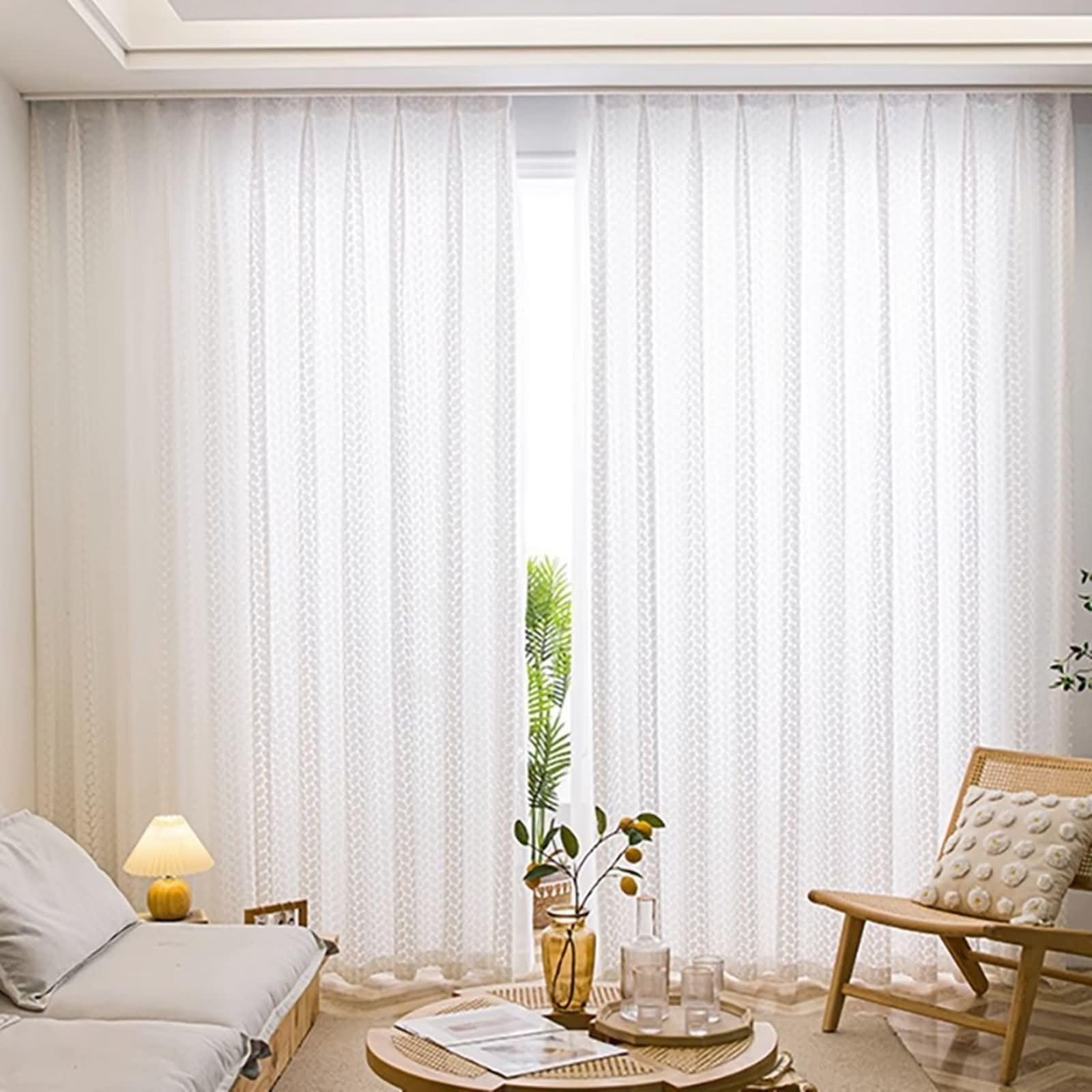 Rideau moderne blanc en dentelle jacquard motif feuilles : lot de 2 panneaux à crochets