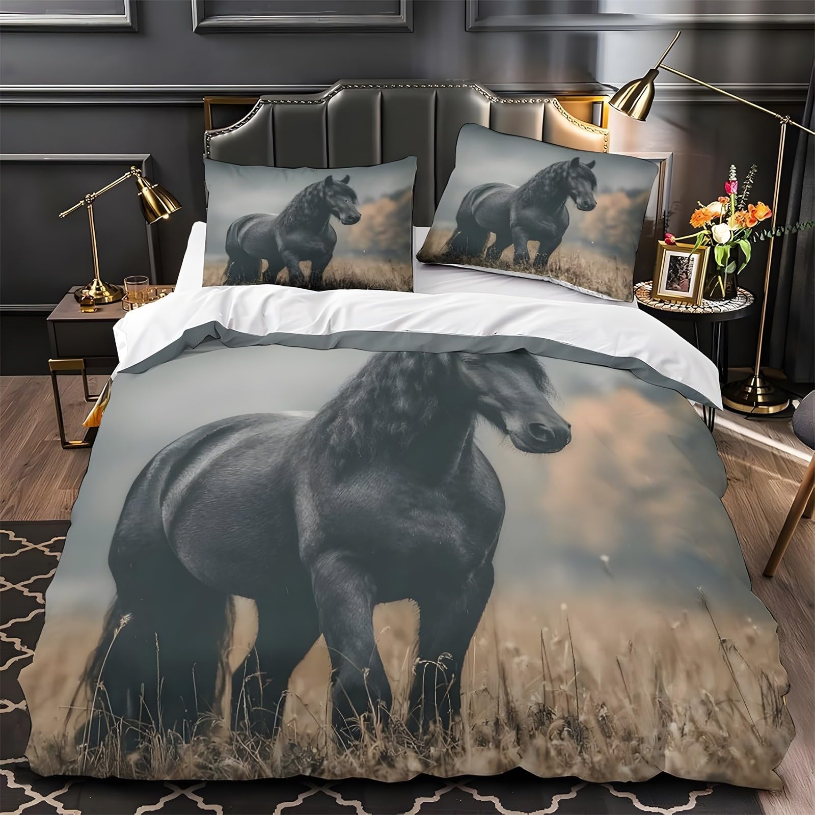 Ypthriline King Size Duvet Cover Sets Black Horse Bedding Set Microfiber Retro Duvet Covers with Pillowcases Reversible Bedding With Zipper Closure 230x220CM