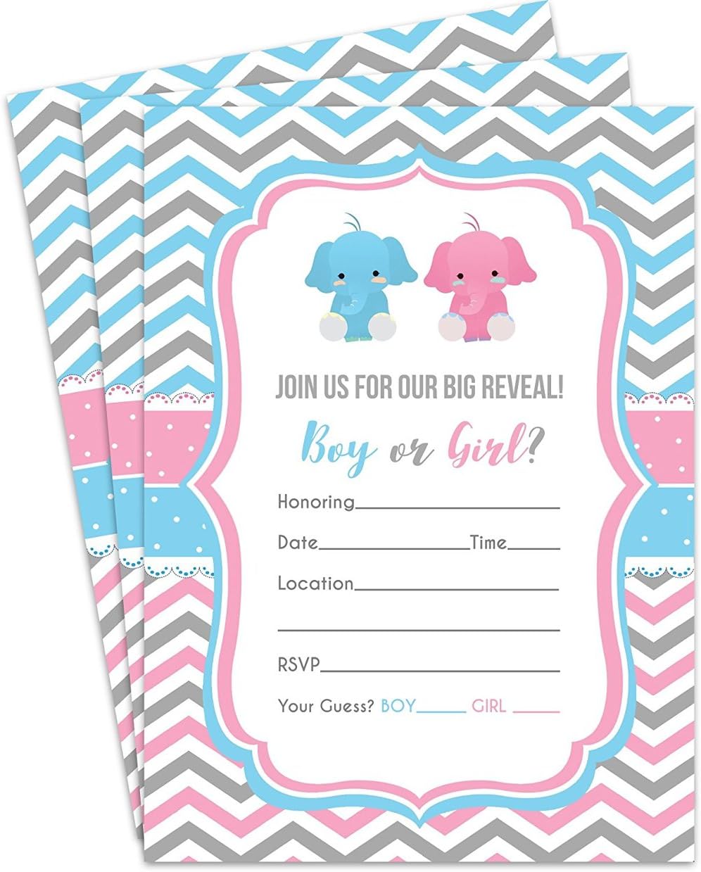 25 Baby Elephant Gender Reveal Baby Shower Party Invitations 5x7 Card Print with Envelopes