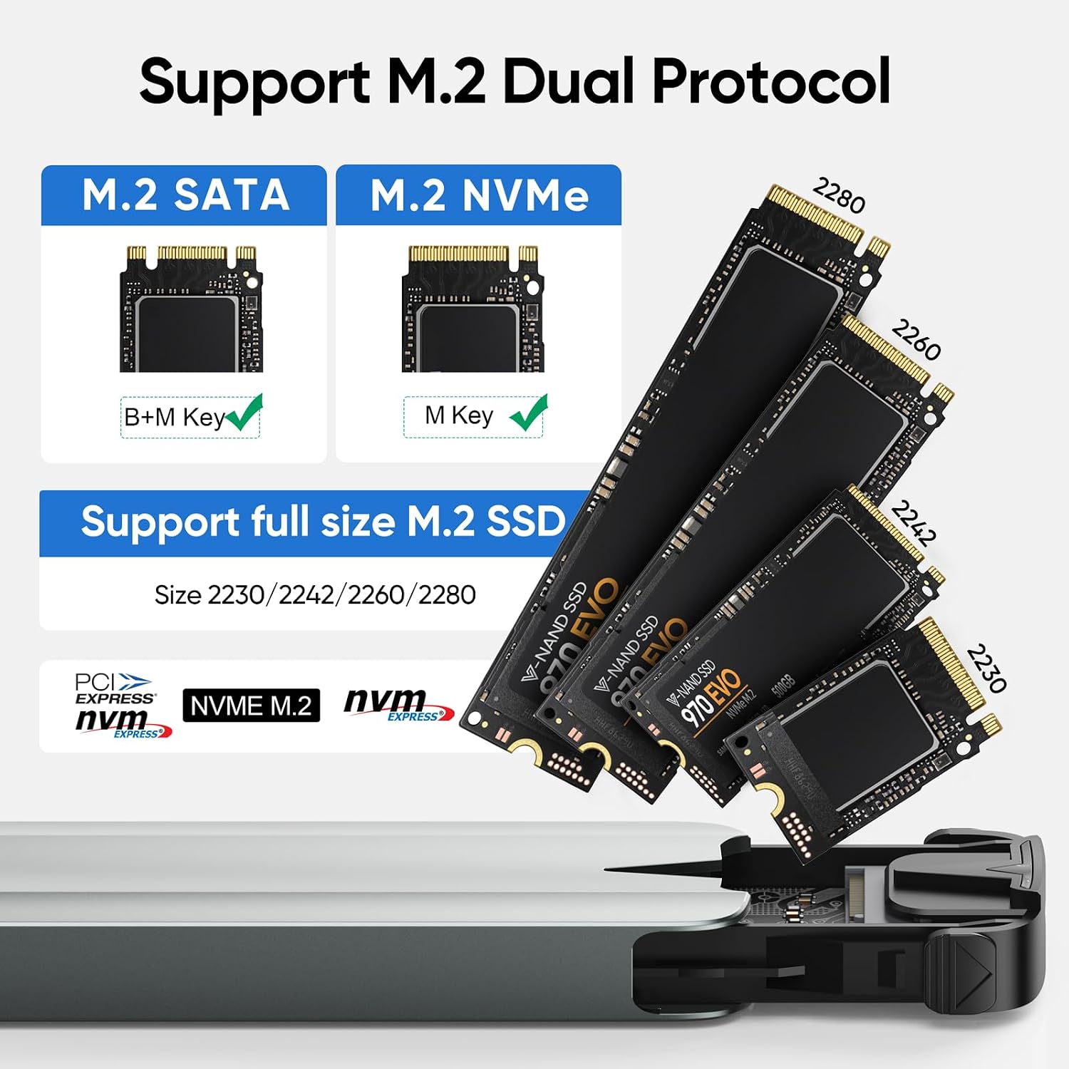 NVMe Enclosure, M.2 SATA SSD Case, PCIe Gen 4x4 10Gbps External Aluminum Adapter, Heatsink Pad Included Tool-Free for M & M+B Key and Size 2230/ 2242/ 2260/ 2280 SSDs