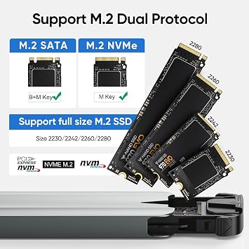 NVMe Enclosure, M.2 SATA SSD Case, PCIe Gen 4x4 10Gbps External Aluminum Adapter, Heatsink Pad Included Tool-Free for M & M+B Key and Size 2230/ 2242/ 2260/ 2280 SSDs