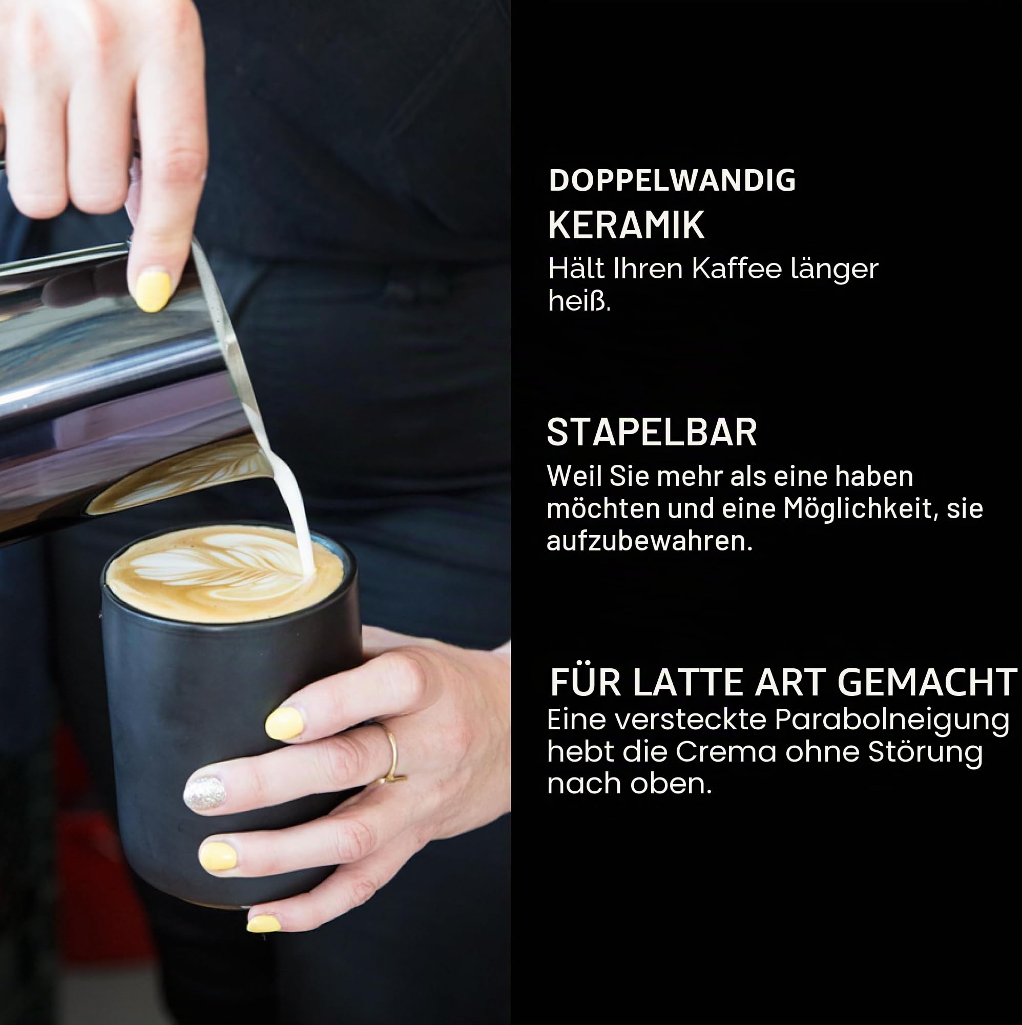 Fellow Doppelwandige Milchkunst-Keramikbecher Demitasse Set (3 Unzen) Matt-schwarz