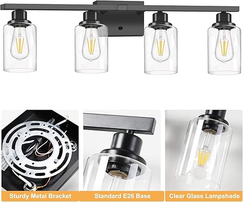 Miniatura 7 de Lámpara de tocador de baño, 4 luces, moderna lámpara de pared negra mate con pantalla de vidrio transparente, luces de pared negras, lámparas de
