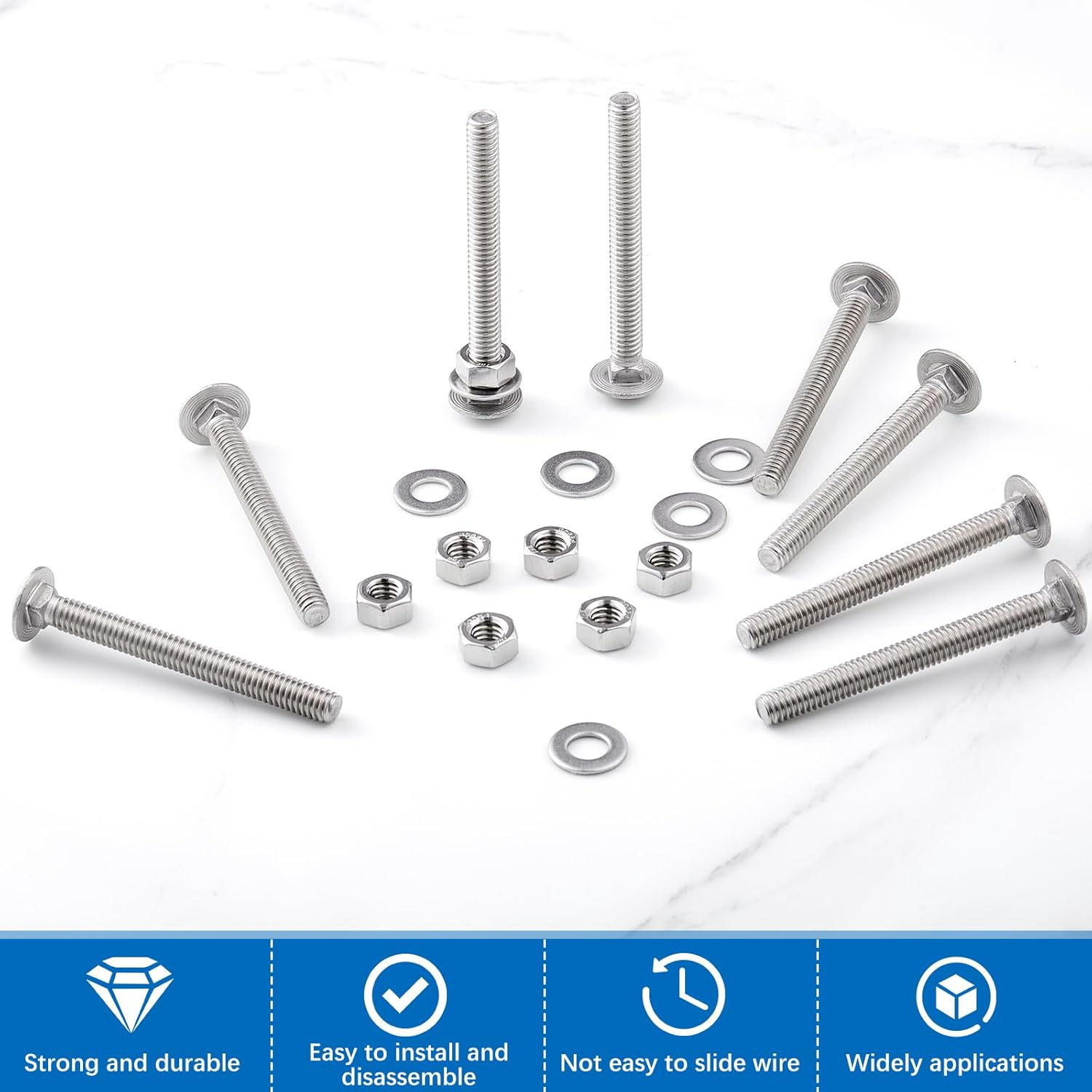 Zonon 50 Sets 5/16-18 x 3 Stainless Steel Carriage Bolts and Nuts Kit Round Head Square Neck Carriage Bolts Screws and Hex Nuts and Flat Washers, Stainless 18-8 Full Thread Coverage (Silver)