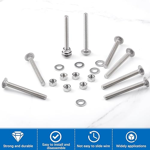 Miniatura 110 de Zonon Juego de 50 tornillos y tuercas de acero inoxidable de 1/4-20 x 3 pulgadas, cabeza redonda, cuello cuadrado, tornillos y tuercas hexagonales