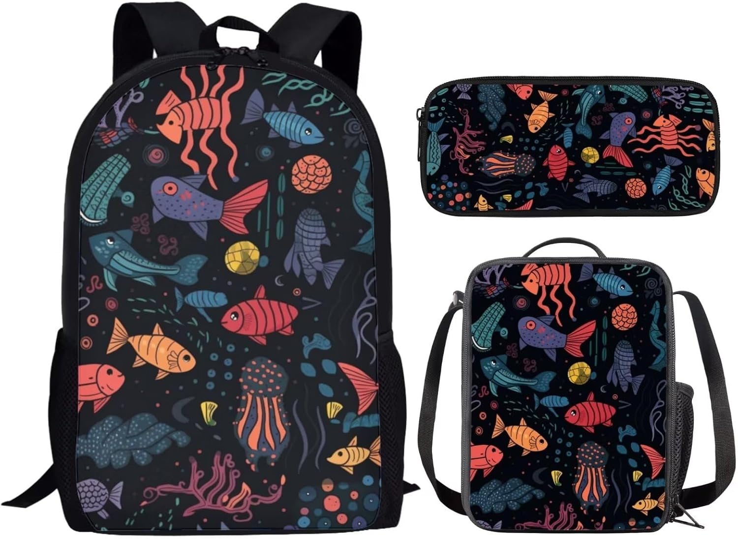 Modysero Novelty Custom Girls Backpack Set for Elementary School Lightweight 17 Inch Kids Book Bag Fish Ocean Black Floral Outdoor Travel School Backpack Large Capacity Lunch Bag Pencil Case