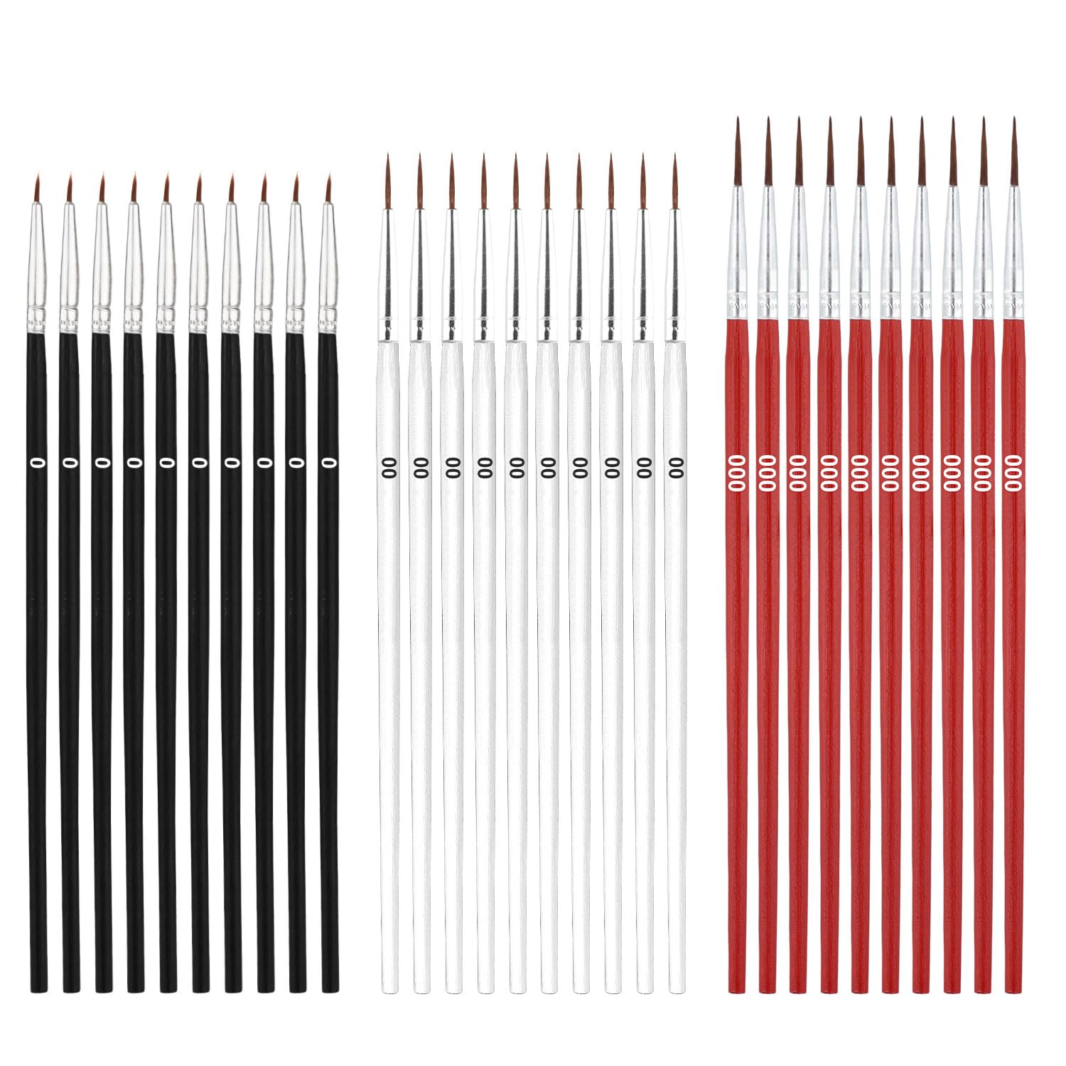 30uds Pinceles para Detalles Finos, Pincel de Punta Pequeña con 3 Tamaños #0#00#000 para Manualidades Acuarela Óleo Acrílico Arte Facial Pintura en Miniatura (Negro, Blanco, Rojo)