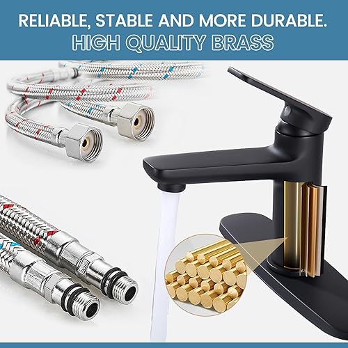 Miniatura 5 de Grifo para lavabo de baño, cuerpo de latón macizo, con cubierta de orificio para fregadero de 1 o 3 agujeros y 2 mangueras de suministro, grifo de