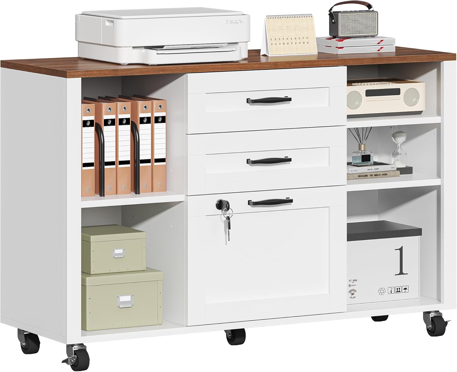 3 Drawer Wood Mobile Large lateral File Cabinet with Lock, Lockable Rolling Filing Cabinet with Open Storage Shelves, Printer Stand Office Storage for Home Office Fits Files Legal/A4, White
