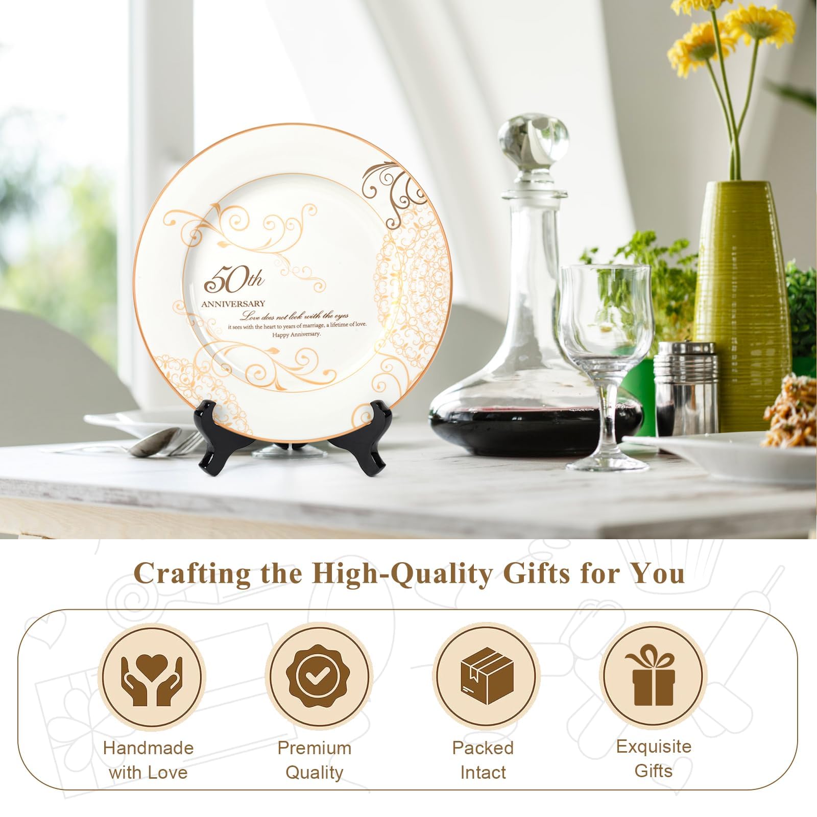 Urllinz Plato de 50 aniversario de boda, 50 aniversario de boda, regalo para parejas, 50 años de oro de boda, plato superior de porcelana de oro de 9 pulgadas para abuelos con soporte