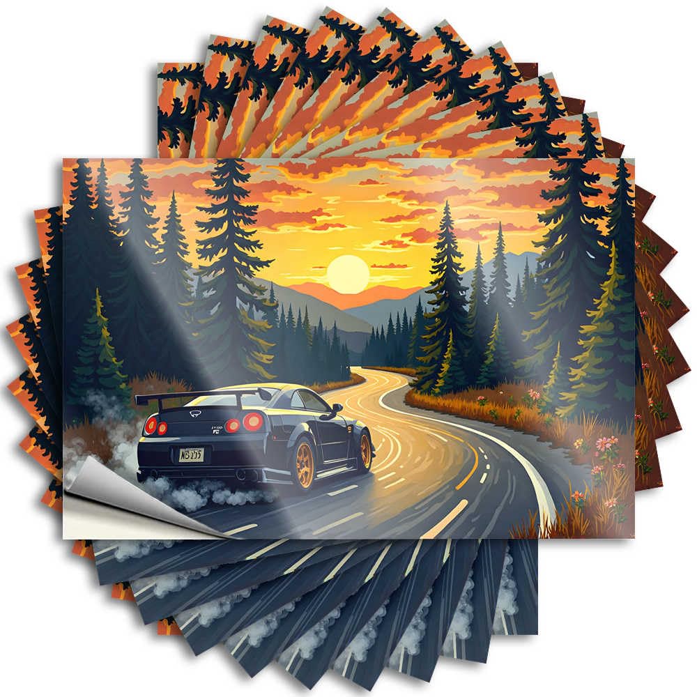 Saying Tiki Bar Decor Narrow Affirmation Case Sunset Drive: A Black Sports Car On A Winding Forest Road - Scratch Resistant Stickers(12X18CM)