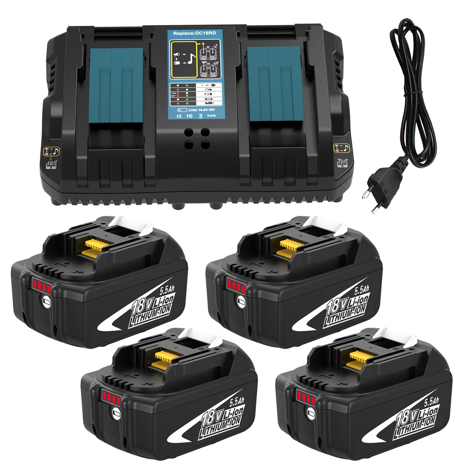 4X BL1860B Repuesto para Makita Batería 18V 5.5Ah +Cargador DC18RD Compatible BL1860B BL1850 BL1860 BL1845 BL1840 LXT-400