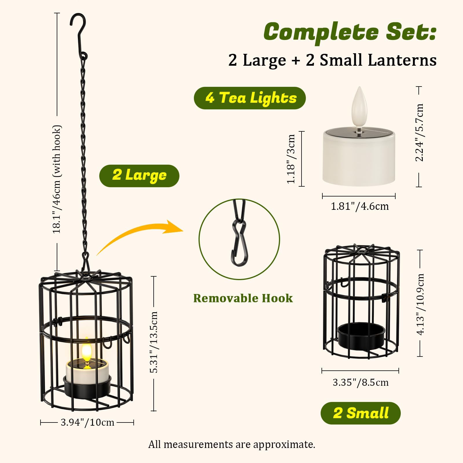 PChero Set di 4 lanterne solari sospese per esterni, impermeabili, 2 grandi, 2 piccole lanterne rustiche in metallo con tremolante, candele solari per esterni, giardino, terrazza, balcone, decorazione
