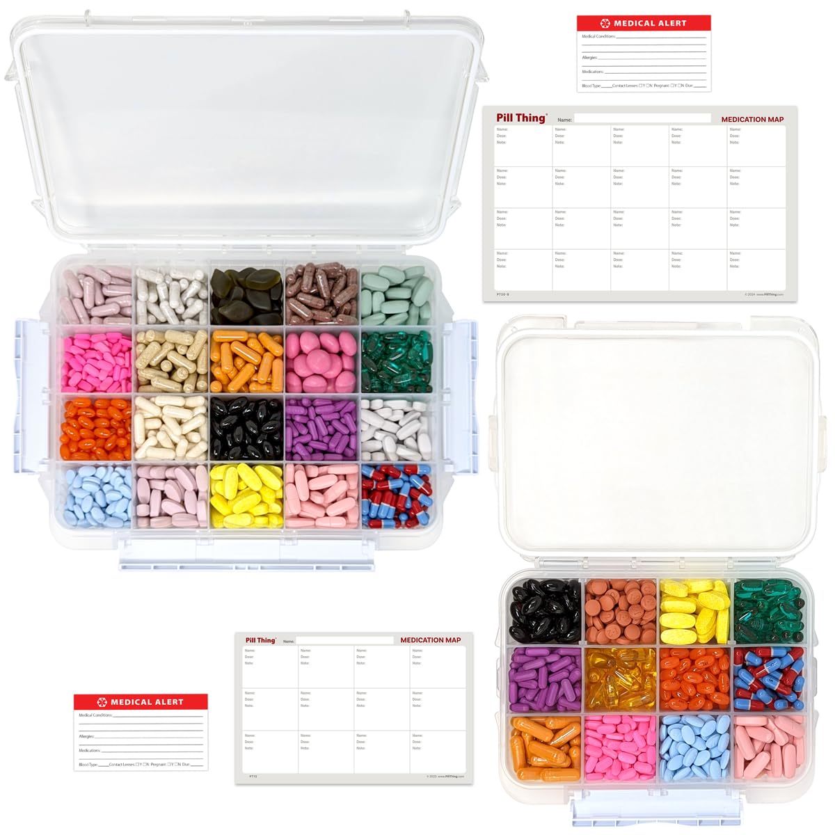 20 Compartment Large Pill Case with Airtight Seal - Silicone Gasket Waterproof Med Box with Medication Map (Combo Pack - 20 & 12)